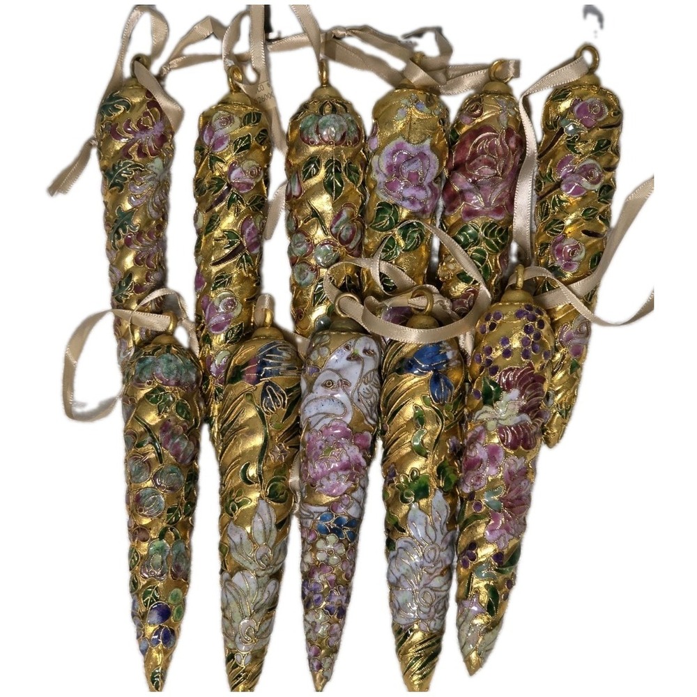 NYCO  Cloisonne Icicle Ornament 6" Vintage Floral And Birds Set Of 11